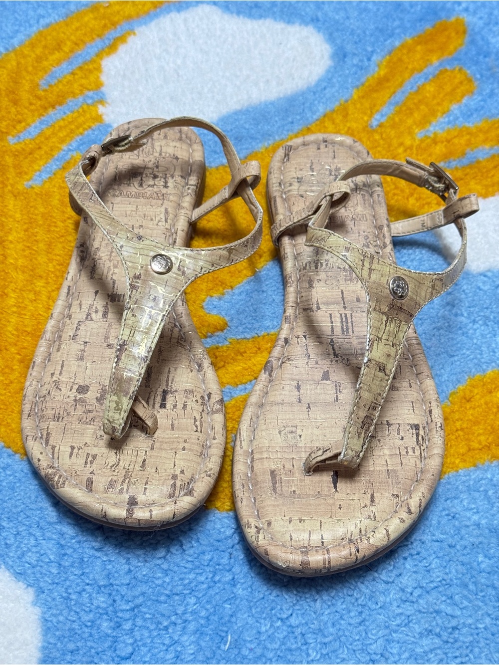 Cambiami Tan/Gold Cork-Style T-Strap Sandals with interchangeable straps!